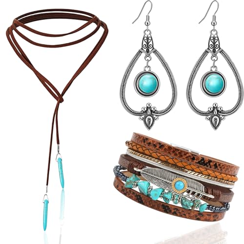 AHEJIOO Boho Schmuck Set Damen, Vintage Schmuckset, 3-teiliges Set mit Kette, Armband und Ohrringen, Boho Kleidung damen, Country Kleidung Damen Set für Party, Hochzeit und Alltag von AHEJIOO
