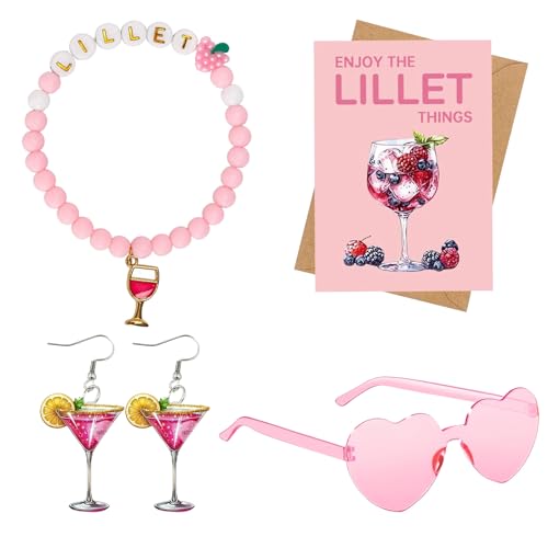 Lillet Geschenkset für Lillet Damen, Geschenkset für Lillet Frauen, Geschenk Beste Freundin Geburtstag, mit Brille, Armband, Ohrringe, Grußkarte und Umschlag, Lillet Zubehör Geschenke für Damen von AHEJIOO