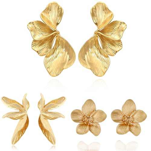 3er-Set Goldene Ohrringe Damen, Blumen Ohrringe Gold, Retro Blumen und Blätter Design, Statement ohrringe für Goldene Hochzeitsthema, Hypoallergen Modschmuck Earrings Geschenke für Damen-Schmuck von AHEJIOO