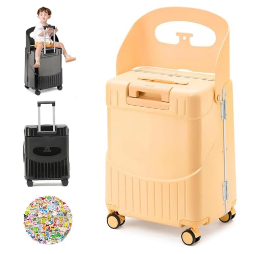 Koffer mit Sitz, Aufsitzkoffer, 20/22/24 Zoll, abschließbarer Handgepäckkoffer mit verstellbarem Griff und 4 Spinner-Rädern, unterteiltes Hochleistungsgepäck mit Taschenhaken, 100 Aufkleber gratis(Yel von AHENKEAIA