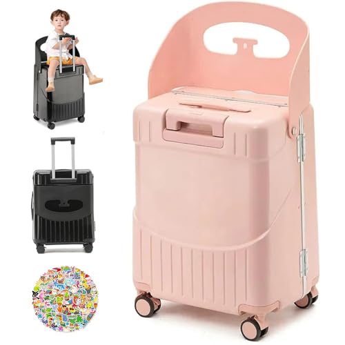 Koffer mit Sitz, Aufsitzkoffer, 20/22/24 Zoll, abschließbarer Handgepäckkoffer mit verstellbarem Griff und 4 Spinner-Rädern, unterteiltes Hochleistungsgepäck mit Taschenhaken, 100 Aufkleber gratis(Pin von AHENKEAIA