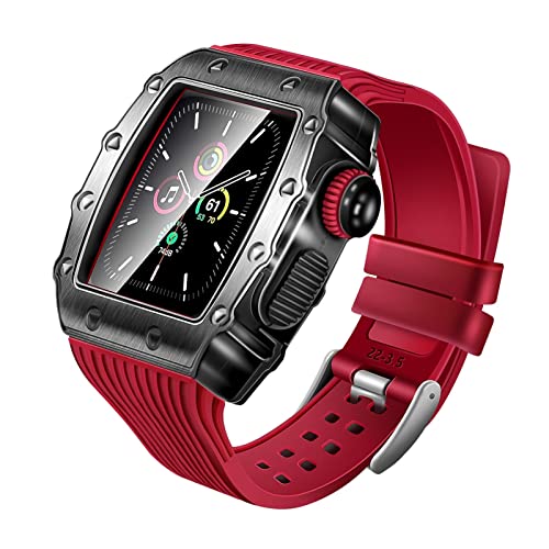 AHGDDA Metall-Uhrengehäuse zum Selbermachen und Armband für Uhr, 44 mm, 3-in-1-Silikon-Uhrenarmband für i-Watch Serie SE 7, 6, 5, 4, Modifikationsset, Zubehör (Farbe: Rot, Größe: 44 mm) von AHGDDA