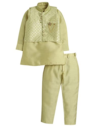 AHHAAAA Kinder Ethnische Baumwoll-Seidenmischung Nehru Modi Jacke Kurta & Pyjama Set für Jungen, Grün , 9-10 Jahre von AHHAAAA