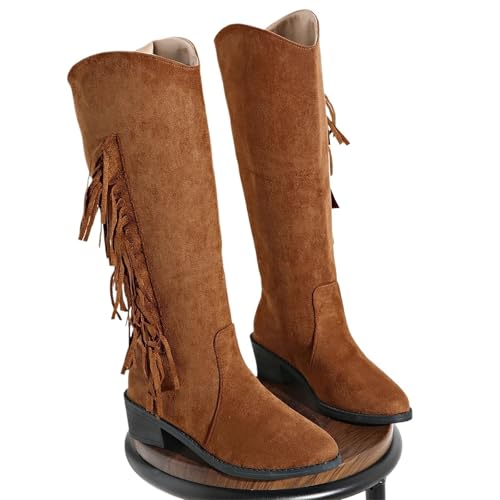 AHIOJEGX Cowgirl Stiefel Braune Damen Kniehohe Moderne Stiefel Rundkopf Quaste Slip-On Western Cowboy Knight Damenschuhe(39) von AHIOJEGX