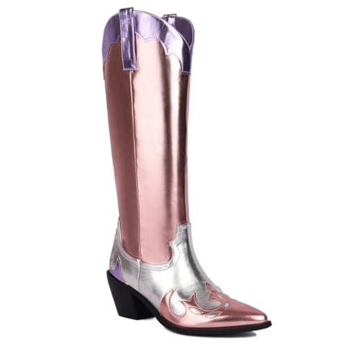 AHIOJEGX Cowgirl Stiefel Damen Hohe Stiefel Western Cowboy Cowgirls Boot Patchwork Gold Pink Lange Schuhe Schuhe Dame Große Größe 45 Komfort(Silver,41) von AHIOJEGX