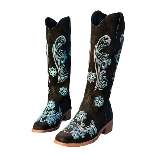 AHIOJEGX Cowgirl Stiefel Damenstiefel Bestickte Lange Röhrenstiefel Niedriger Absatz Wadenlang Wasserdicht Kältebeständig Komfort Modische Ritterstiefel(Black,42) von AHIOJEGX