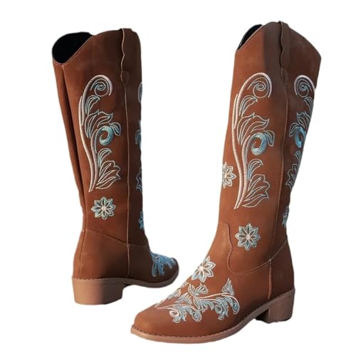 AHIOJEGX Cowgirl Stiefel Damenstiefel Bestickte Lange Röhrenstiefel Niedriger Absatz Wadenlang Wasserdicht Kältebeständig Komfort Modische Ritterstiefel(Brown,37) von AHIOJEGX