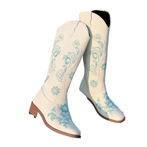 AHIOJEGX Cowgirl Stiefel Damenstiefel Bestickte Lange Röhrenstiefel Niedriger Absatz Wadenlang Wasserdicht Kältebeständig Komfort Modische Ritterstiefel(White,41) von AHIOJEGX