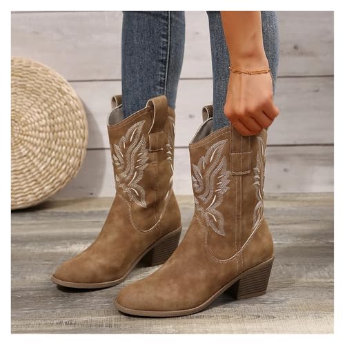 AHIOJEGX Cowgirl Stiefel Damenstiefel Mode Klassischer Spitzschuh Absatz Stiefeletten Damen Lässig Einfache Bequeme Cowboyschuhe Damen(Brown,41) von AHIOJEGX