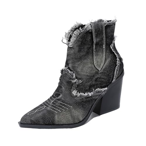 AHIOJEGX Cowgirl Stiefel Kurze Denim-Stiefel im Retro-Stil, Damenschuhe, modisch, for Hineinschlüpfen, spitze Zehenpartie, Chunk Heels, Booties, Western-Cowboystiefel(Black,39) von AHIOJEGX