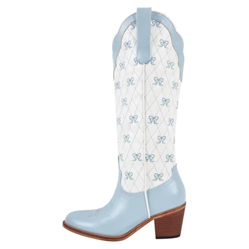 AHIOJEGX Cowgirl Stiefel Weiße kniehohe Cowgirlstiefel for Hineinschlüpfen mit Schleife in großen Größen, bequeme Cowboystiefel for Damen(SH240901B,37) von AHIOJEGX