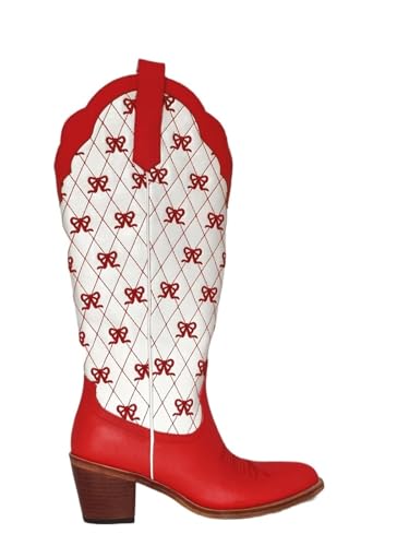 AHIOJEGX Cowgirl Stiefel Weiße kniehohe Cowgirlstiefel for Hineinschlüpfen mit Schleife in großen Größen, bequeme Cowboystiefel for Damen(SH240901C,42) von AHIOJEGX