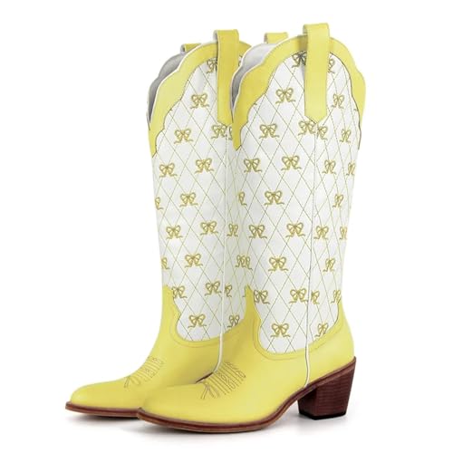 AHIOJEGX Cowgirl Stiefel Weiße kniehohe Cowgirlstiefel for Hineinschlüpfen mit Schleife in großen Größen, bequeme Cowboystiefel for Damen(SH240901D,46) von AHIOJEGX