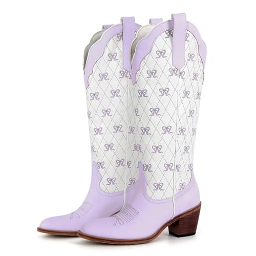 AHIOJEGX Cowgirl Stiefel Weiße kniehohe Cowgirlstiefel for Hineinschlüpfen mit Schleife in großen Größen, bequeme Cowboystiefel for Damen(SH240901E,45) von AHIOJEGX