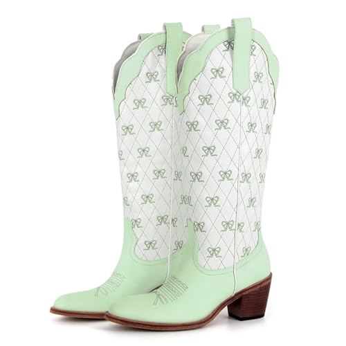 AHIOJEGX Cowgirl Stiefel Weiße kniehohe Cowgirlstiefel for Hineinschlüpfen mit Schleife in großen Größen, bequeme Cowboystiefel for Damen(SH240901F,39) von AHIOJEGX