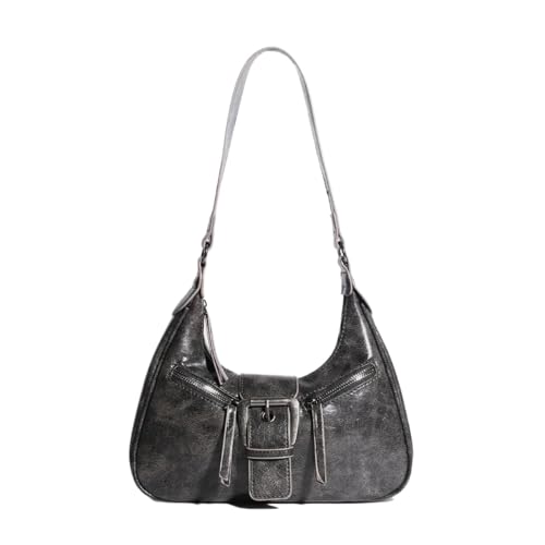AHIOJEGX Ledertasche Damen Vintage Umhängetaschen for Frauen Unterarm Motorrad Tasche Denim Leder weibliche kleine Handtaschen(Black Gray) von AHIOJEGX
