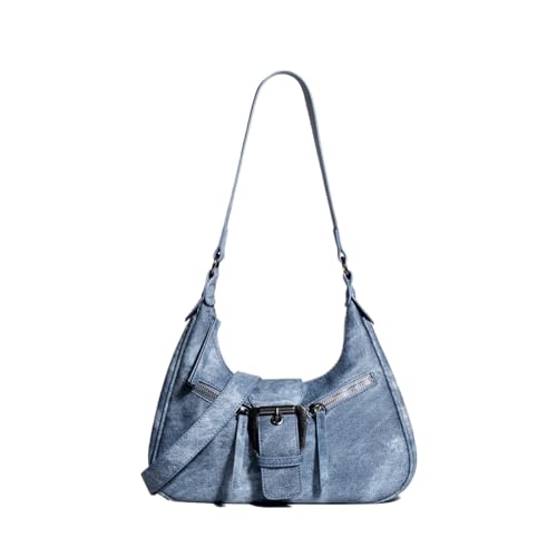 AHIOJEGX Ledertasche Damen Vintage Umhängetaschen for Frauen Unterarm Motorrad Tasche Denim Leder weibliche kleine Handtaschen(Blue) von AHIOJEGX