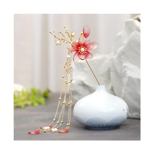 Haarstäbchen Gold Farbe Rote Blume Perlen Lange Quasten Haar Sticks Haarnadeln Hochzeit Haar Zubehör Braut Haar Schmuck Kopfschmuck(Style 1) von AHIOJEGX