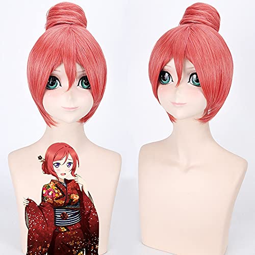 AHJSN gilt für Anime Love Live Maki Nishikino Cosplay Perücke Wassermelone Rot Gerade Kurze Hitzebeständige Synthetische Perücken Damen Mit Brötchen von AHJSN