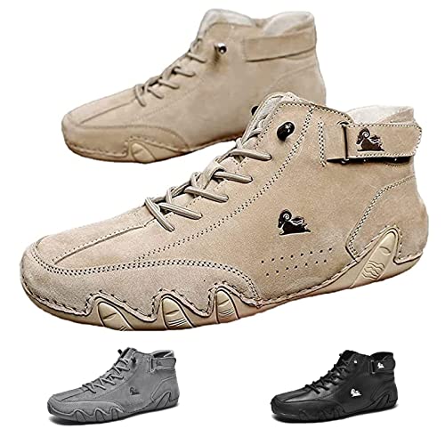 AHKISS Italienische Handgefertigte Wildleder-Stiefel, wasserdichte Herren-Sneaker Aus Wildleder Mit Klettverschluss, Schnürschuhe, rutschfeste Wanderschuhe, Atmungsaktive Hohe Stiefel (Color : Beige von AHKISS