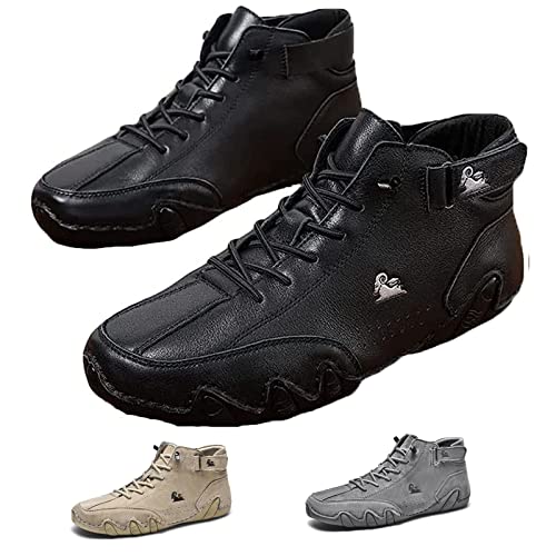 AHKISS Italienische Handgefertigte Wildleder-Stiefel, wasserdichte Herren-Sneaker Aus Wildleder Mit Klettverschluss, Schnürschuhe, rutschfeste Wanderschuhe, Atmungsaktive Hohe Stiefel (Color : Black von AHKISS