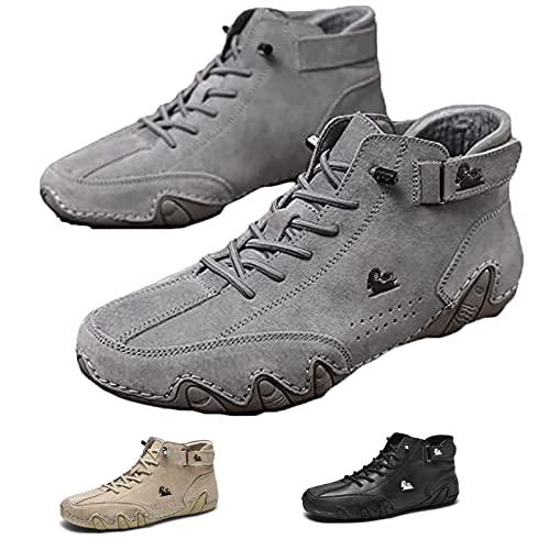 AHKISS Italienische Handgefertigte Wildleder-Stiefel, wasserdichte Herren-Sneaker Aus Wildleder Mit Klettverschluss, Schnürschuhe, rutschfeste Wanderschuhe, Atmungsaktive Hohe Stiefel (Color : Gray, von AHKISS