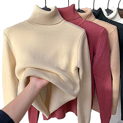 AHKISS Winter-Fleece-Dick-Strick-Bodenhemd, Lässiger Dicker Rollkragen-Strick-Bodenhemd for Damen, Pullover, weicher Thermo-Fleece-Rollkragenpullover (Color : Apricot, Size : M) von AHKISS