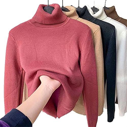 AHKISS Winter-Fleece-Dick-Strick-Bodenhemd, Lässiger Dicker Rollkragen-Strick-Bodenhemd for Damen, Pullover, weicher Thermo-Fleece-Rollkragenpullover (Color : Rose Red, Size : M) von AHKISS