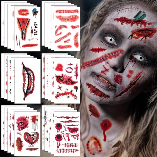 AHOZEE Halloween Narben Tattoos Temporär, 50 Blatt Realistische Gefälschte Narben und Blutwunde Tattoos, Hautfreundliche & Wasserdichte Narben Aufkleber, Halloween Make-up für Zombie Vampir Cosplay von AHOZEE