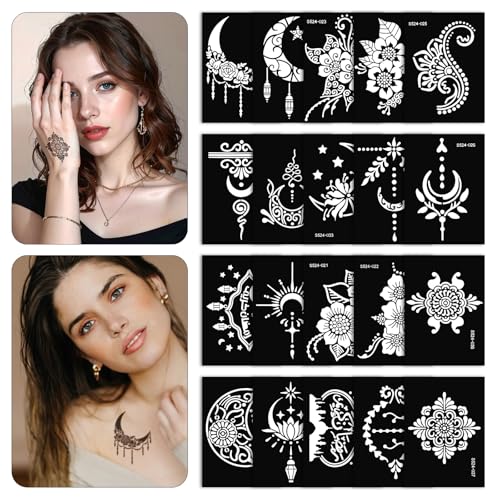 20 Blatt Temporäre Tattoos, Schablone Set,Wiederverwendbare Temporäre Tattoo Schablonen,Indischer Arabischer Hände Hand Tattoo Tempel Aufkleber für Frauen Mädchen Teens Körper Art Paint von AHQiZFX