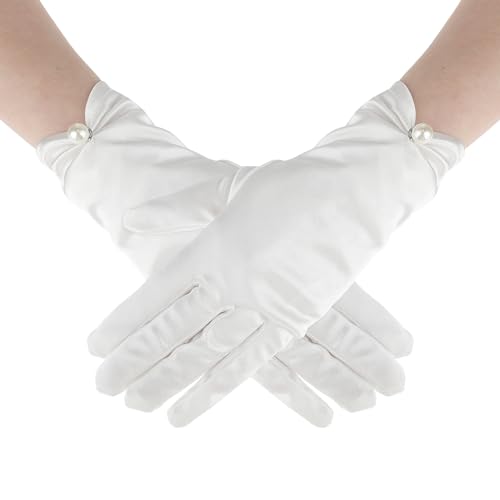 AHQiZFX 1 Paar Kurze Satin Handschuhe,Weiße Braut Handschuhe,Damen Elegant Brauthandschuhe,Stretch Opera Handschuhe,für Hochzeitsbankettkleider Partytänze Hochzeits Oper Dinner Handschuhe von AHQiZFX