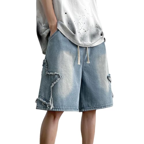 AHSBND Jorts für Herren Denim Shorts Baggy Jorts Mid Rise Stretchy Patchwork Jeans Shorts Jorts Y2K (Color : B-Blue, Size : L) von AHSBND