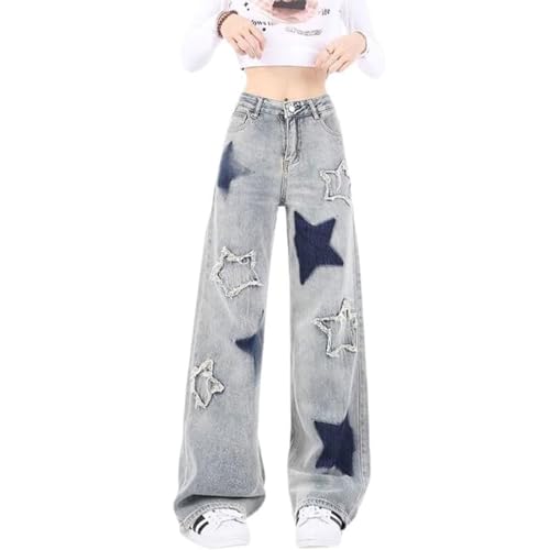 AHSBND Y2K Jeans für Damen, Hohe Taille Weites Bein Ästhetische Sternhose Teenager, Mädchen Freund Lockere Passform Stern Stickerei (Color : Blue, Size : M) von AHSBND