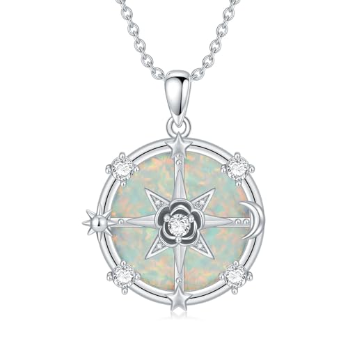 AHTAMOS Opalkette Opal-Kompass-Halskette für Damen – Rosenblüten-Anhänger, 925er Sterlingsilber, Sonne, Mond, Stern, weißer Opal, Schmuckgeschenk AHTAMOS Opalkette Opal-Kompass-Halskette für Damen – Rosenblüten-Anhänger, 925er Sterlingsilber, Sonne, Mond, Stern, weißer Opal, Schmuckgeschenk von AHTAMOS