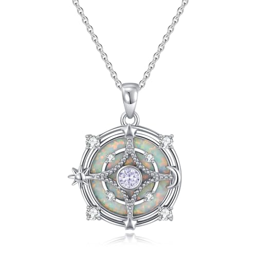 AHTAMOS Opalkette für Damen, Sonne-Mond-Stern-Halskette, Kompass-Halskette, 925er Sterlingsilber, weißer Opal-Anhänger, Halskette, Jahrestags- und Geburtstagsgeschenke, Opalschmuck AHTAMOS Opalkette für Damen, Sonne-Mond-Stern-Halskette, Kompass-Halskette, 925er Sterlingsilber, weißer Opal-Anhänger, Halskette, Jahrestags- und Geburtstagsgeschenke, Opalschmuck von AHTAMOS