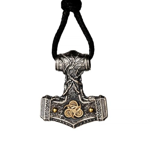 AHTCPO S925 Sterling Silber Mjolnir Anhänger Wikinger Thors Hammer Halskette mit vier Elementen Nordische Mythologie Schmuck für Männer Frauen(Pendant+wax cord) von AHTCPO