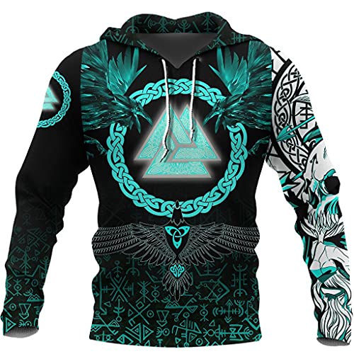 Hoodie Im Wikinger-Stil, 3D-Druck Der Nordischen Mythologie Rabe und Valknut Tattoo-Grafik, Lässige Sportliche Streetwear für Herren,Hoodie,XL von AHTCPO