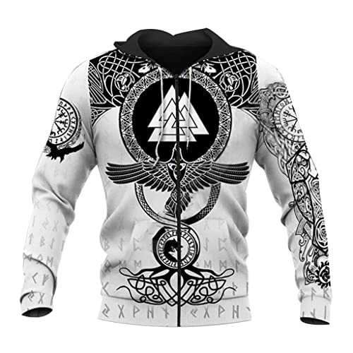 YABEME Viking Crow Hoodie, Nordischer 3D-Druck Für Männer Valknut Retro Rune Tattoo Casual Raven Pullover Sweatshirt, Unisex Fashion Loose Jacke,Zip,XL von AHTCPO