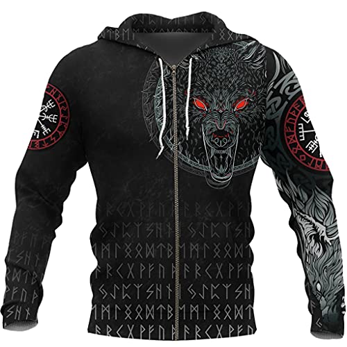 AHTCPO Wikinger-Hoodie für Herren, 3D-Druck Nordische Mythologie Fenrir Wolf Tattoo Grafik, Lässiger Sportlicher Pulloverp,Zip Hoodie,4XL von AHTCPO