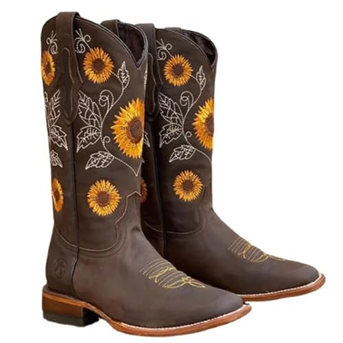 AHUFGN Cowboystiefel Damen Damenmode Stiefel Outdoor Komfort Wanderschuhe Stickerei Braune Lederstiefel Tiefer hoher Schlauch Weiblicher Freizeitschuh(Deep brown,42) von AHUFGN