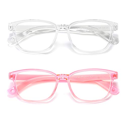 AHXLL Blaulichtblockierende Brille für Kinder, Anti-Überanstrengung der Augen und UV-Schutz, Computer-Gaming-TV-Handybrille für Jungen und Mädchen, Alter 3–9 Jahre (klar + transparent, Rosa), 2 Stück von AHXLL