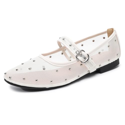 AHZEHRSE Ballerinas aus Netzstoff für Damen, bequeme Nieten, Mary Jane-Schuhe, Ballerina-Schnalle, Riemen, Business, Büro, Arbeit, Kleid, Beige, 37.5 EU von AHZEHRSE