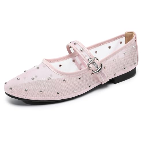 AHZEHRSE Ballerinas aus Netzstoff für Damen, bequeme Nieten, Mary Jane-Schuhe, Ballerina-Schnalle, Riemen, Business, Büro, Arbeit, Kleid, Pink, 37.5 EU von AHZEHRSE