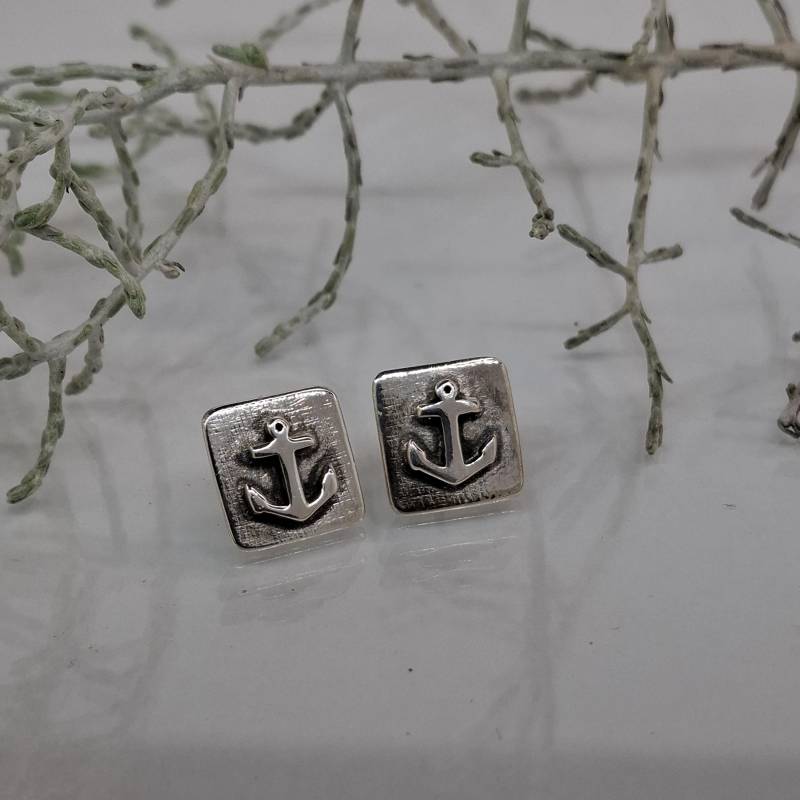 Eckige Silberohrstecker Mit Anker, Anker Ohrstecker, Maritime Sterling Silber Ohrringe , Artikel No.186 von AHeinzeGoldschmiedin