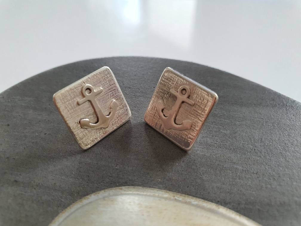 Eckige Silberohrstecker Mit Anker, Anker Ohrstecker, Maritime Sterling Silber Ohrringe von AHeinzeGoldschmiedin