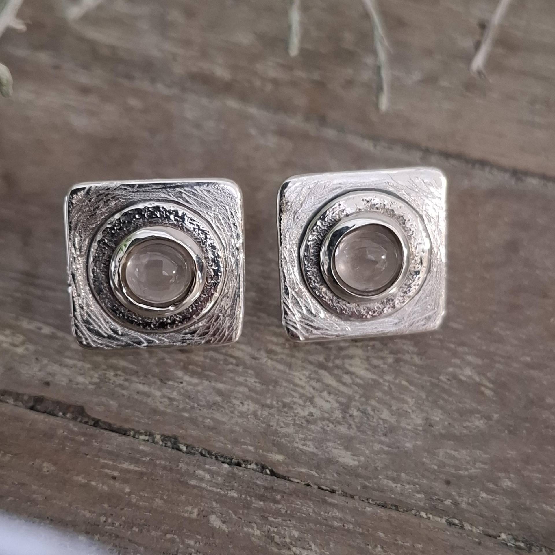 Kleine Eckige Ohrstecker in Silber Mit Rosenquarz, Rosenquarz von AHeinzeGoldschmiedin