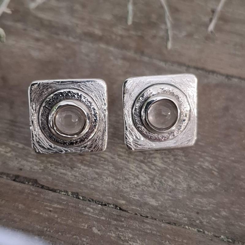 Kleine Eckige Ohrstecker in Silber Mit Rosenquarz, Rosenquarz von AHeinzeGoldschmiedin