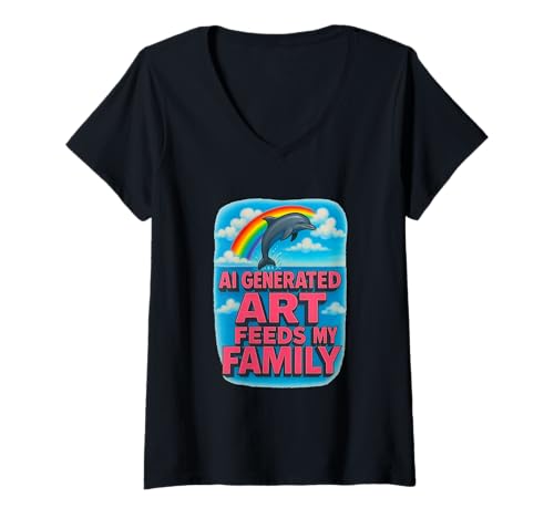 Damen KI Generated Art Feeds My Family Funny T-Shirt mit V-Ausschnitt Damen KI Generated Art Feeds My Family Funny T-Shirt mit V-Ausschnitt von AI Art Digital Creator Humor Rainbow Dolphin Tees