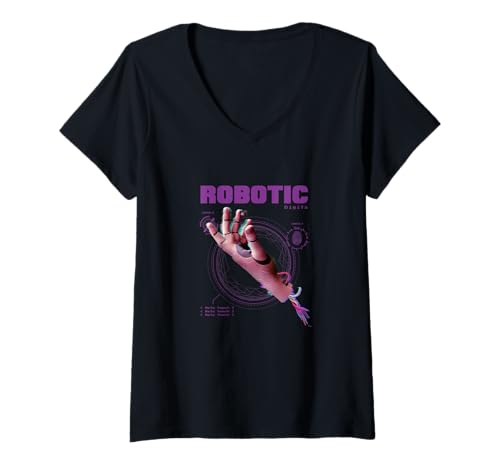 Damen Cyber-Handkunst mit Robotern, Touch Glitch T-Shirt mit V-Ausschnitt Damen Cyber-Handkunst mit Robotern, Touch Glitch T-Shirt mit V-Ausschnitt von AI Future Visions Collective