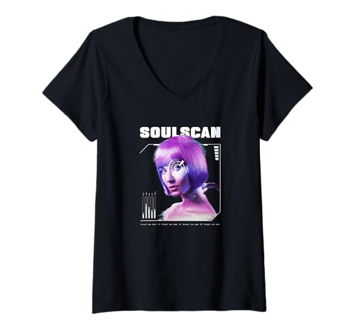 Damen Cyborg Soulscan Futuristische Frau Glitch Art Cyberpunk T-Shirt mit V-Ausschnitt Damen Cyborg Soulscan Futuristische Frau Glitch Art Cyberpunk T-Shirt mit V-Ausschnitt von AI Future Visions Collective